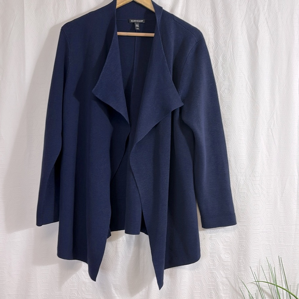 Eileen Fisher Blue Silk Organic Cotton Blend Open Front Cardigan large